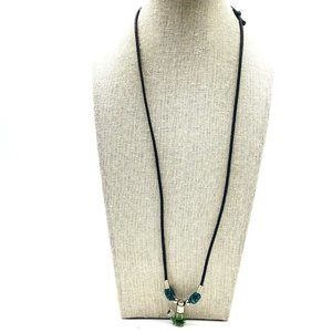 Minnie Signed Glass Turtle Pendant Necklace Black Cord Green Liquid Silver Tone